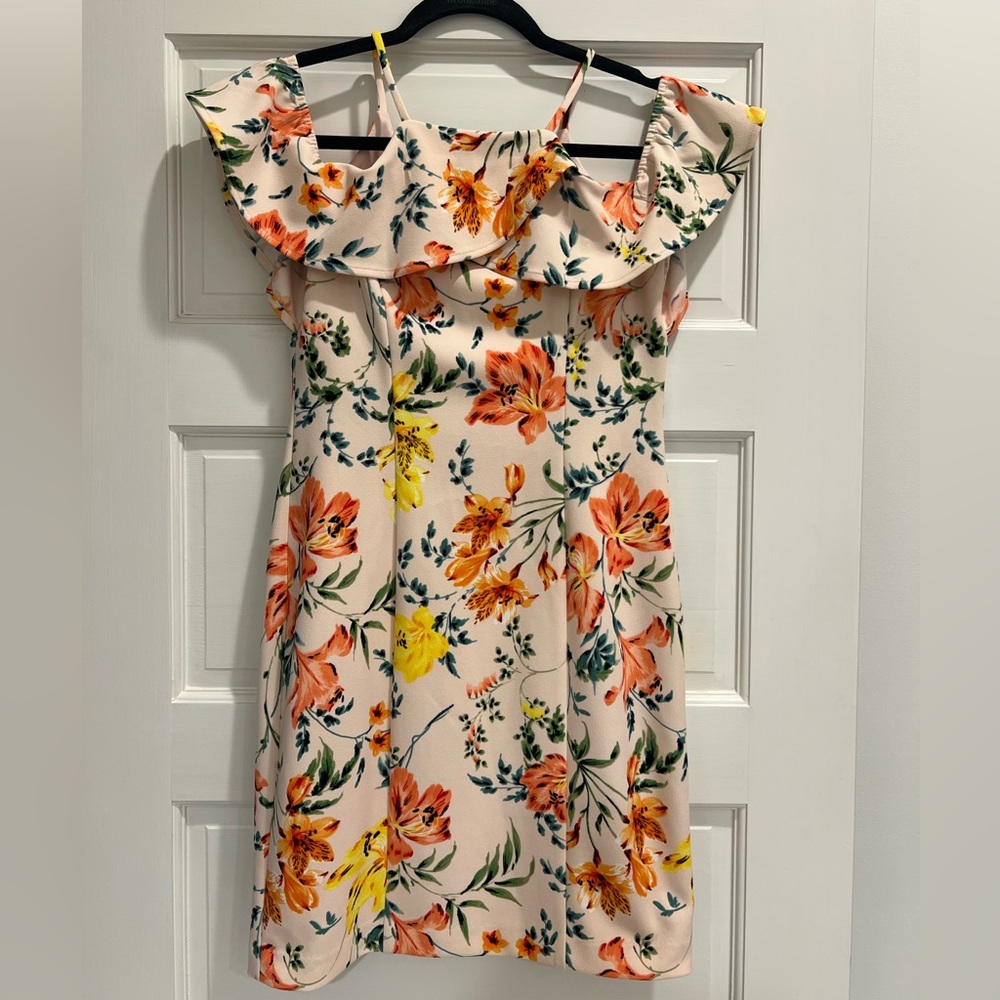 Guess Floral Ruffle Dress - Cream, Orange, Yellow